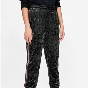 NWOT Zara Green Velvet Joggers with Side Stripes